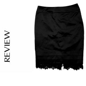 REVIEW Satin Like Black Pencil Skirt Lace Hem